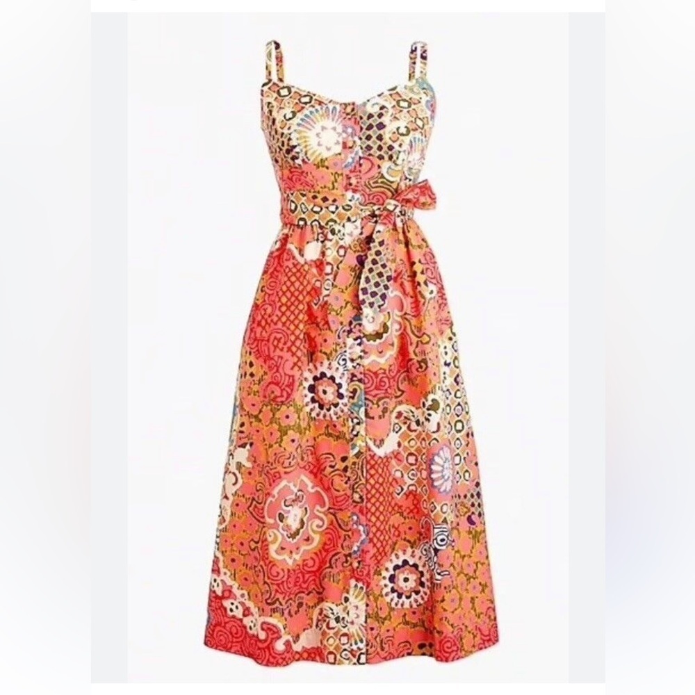 J. Crew Pink Cotton Classic Button Front Poplin Paisley Tie Waist Sundress NWOT - Picture 1 of 14